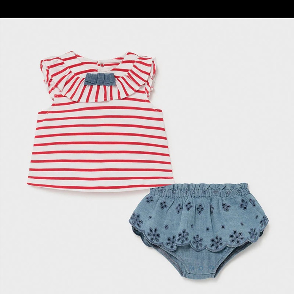 Mayoral Coral Stripe Top with Jean Skirt set. Size 1-2 Months.